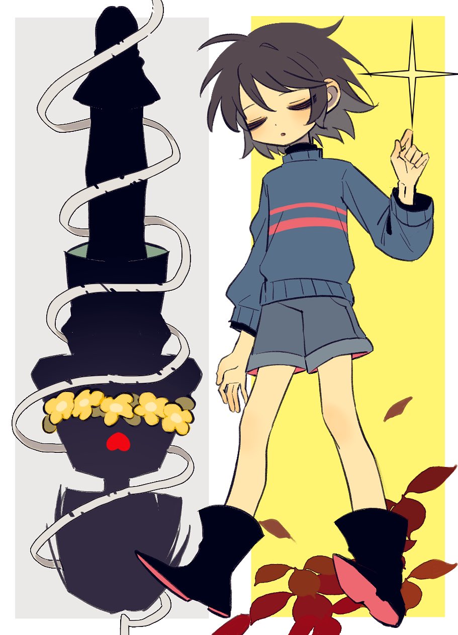 2others, ahoge, ankle_boots, arm_at_side, black_footwear, blue_shorts, blue_sweater, boots