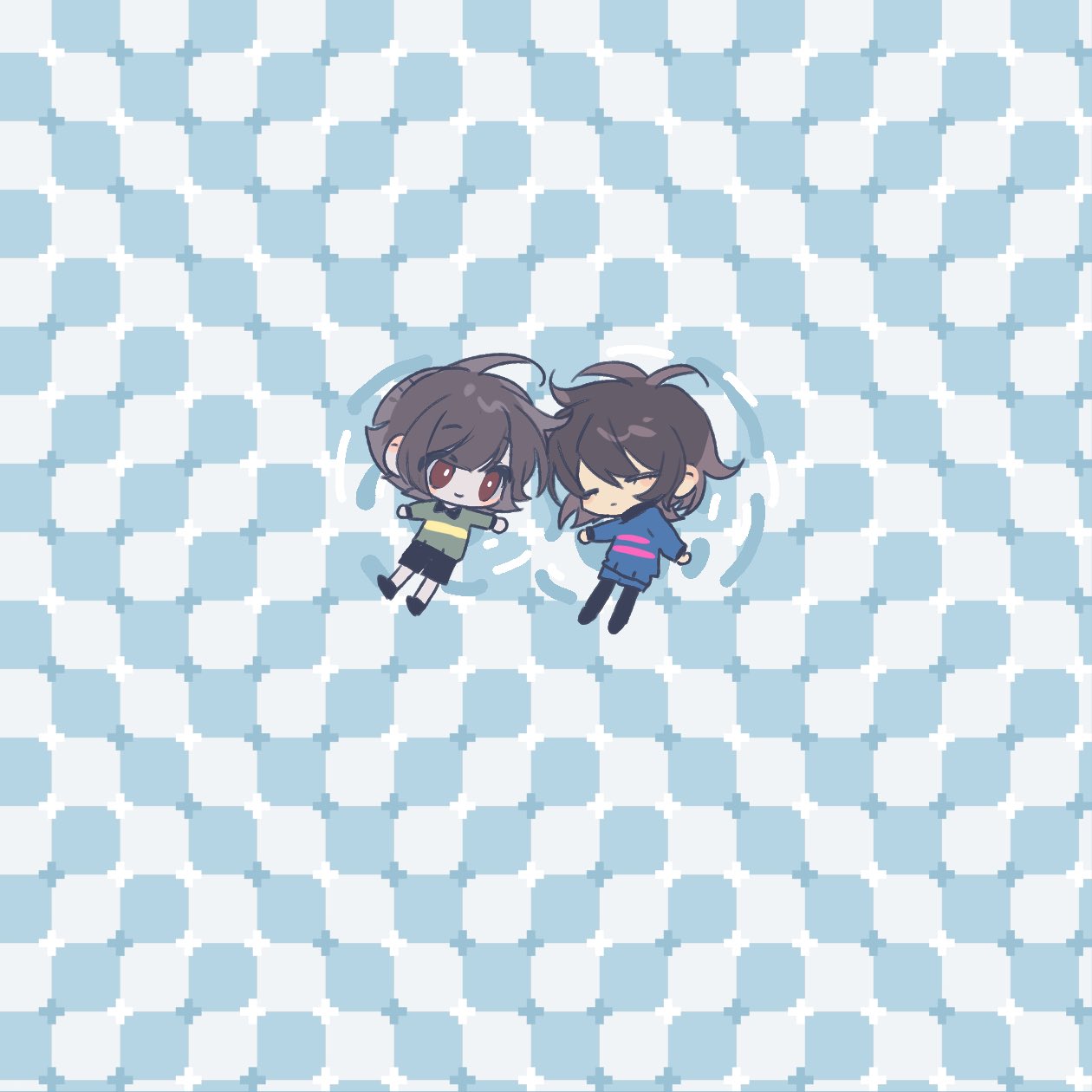 2others, antenna_hair, black_footwear, black_shorts, blue_background, blue_shorts, blue_sweater, bright_pupils