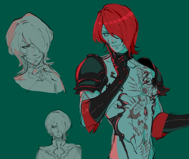 1boy, arm_tattoo, armor, black_choker, castlevania:_curse_of_darkness, castlevania_(series), chest_tattoo, choker, elbow_gloves, facial_mark, facial_tattoo, finger_to_cheek, gloves, green_background, hair_over_one_eye, isaac_(castlevania), latex, latex_gloves, medium_hair, pauldrons, redhead, shoulder_armor, shoulder_tattoo, sl4sherz0mb1e, smile, stomach_tattoo, tattoo, topless_male