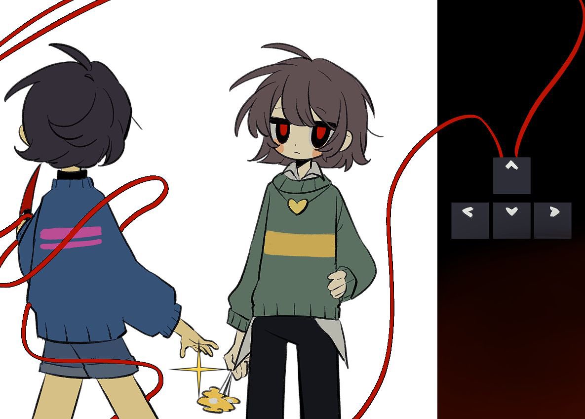2others, ahoge, arm_at_side, black_eyes, black_pants, blue_shorts, blue_sweater, bright_pupils