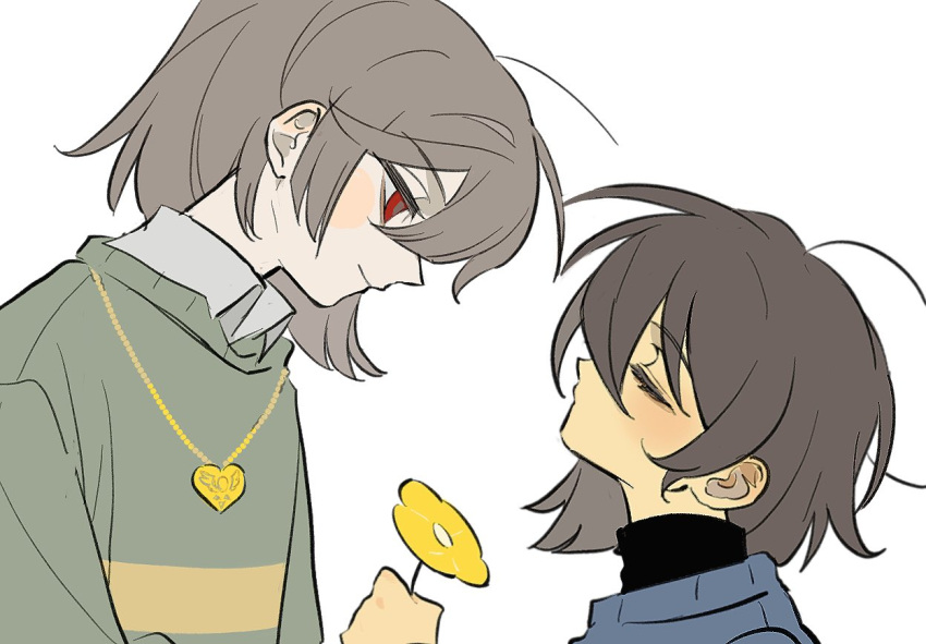2others, ahoge, blue_sweater, brown_hair, chara_(undertale), closed_mouth, collared_shirt, commentary
