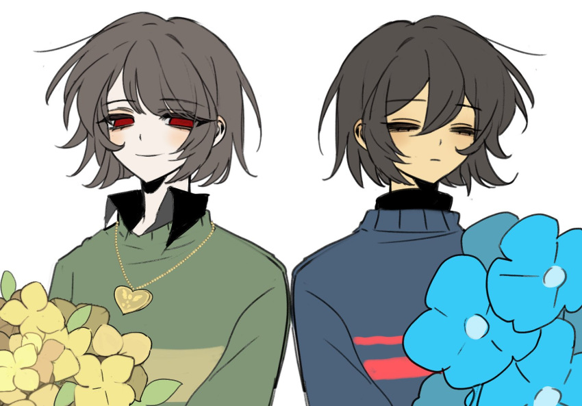 2others, back-to-back, blue_flower, blue_sweater, bob_cut, brown_hair, chara_(undertale), closed_eyes