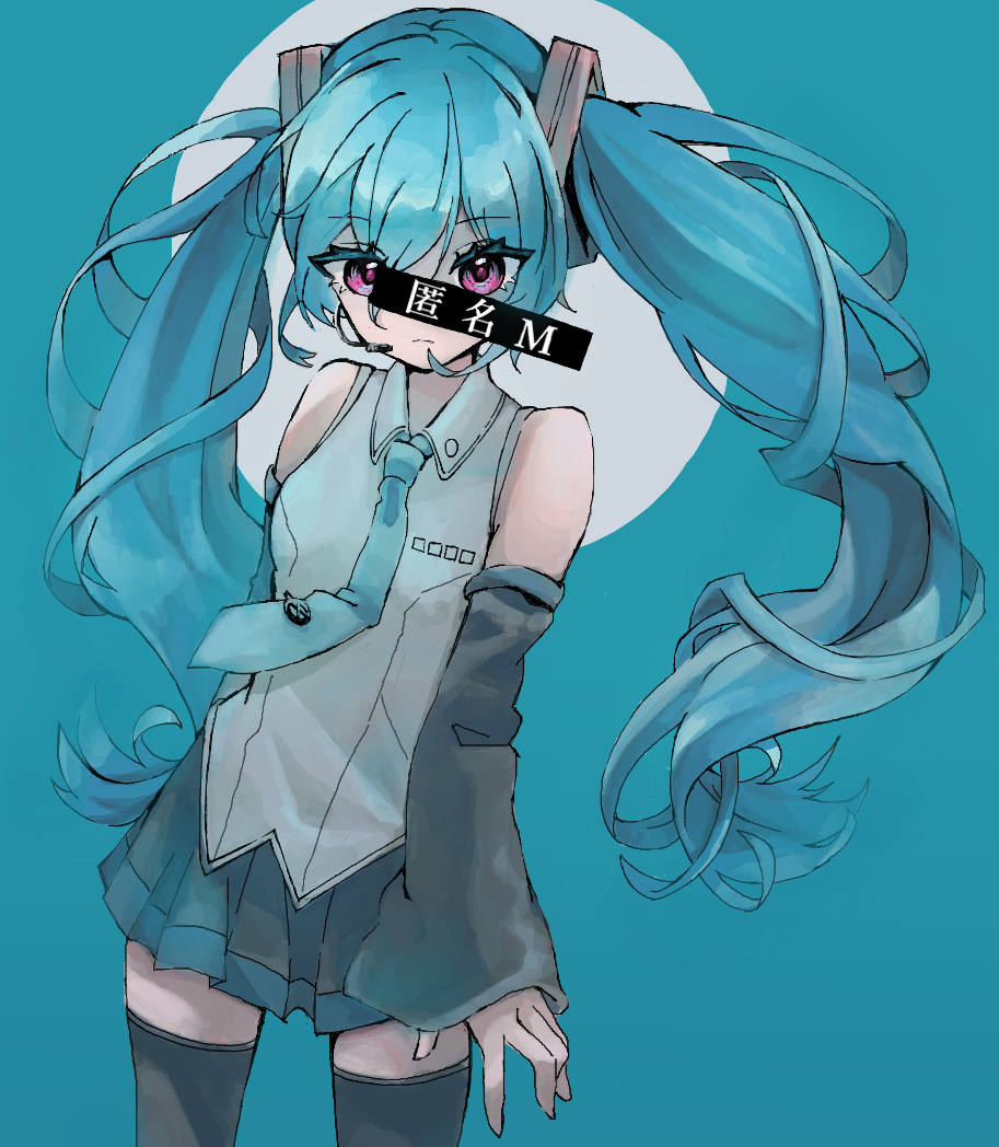 1girl, aqua_necktie, bare_shoulders, black_skirt, black_sleeves, black_thighhighs, blue_background, blue_hair