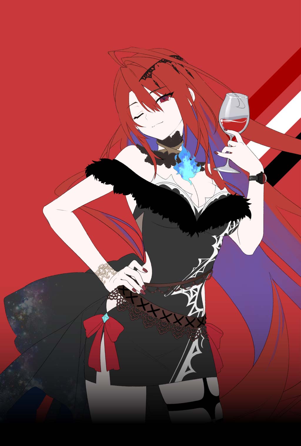 1girl, bare_shoulders, black_dress, breasts, dress, elizabeth_rose_bloodflame, fire, hand_on_own_hip