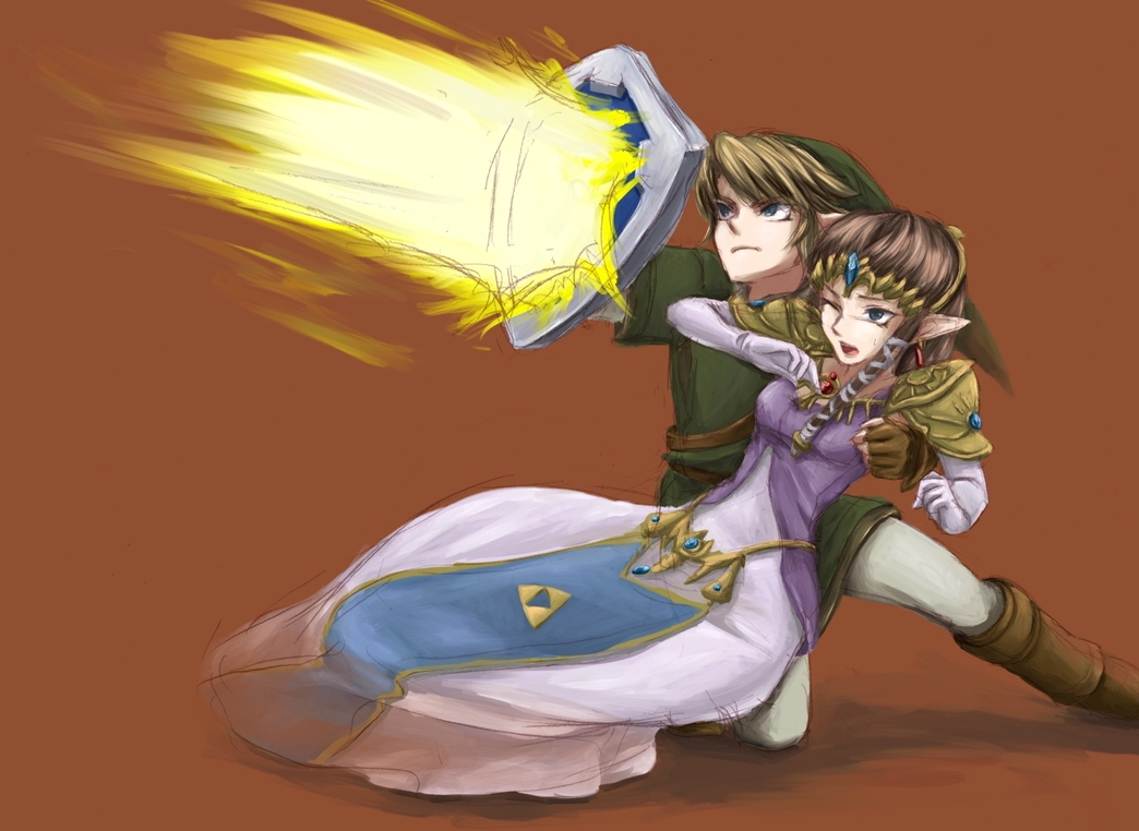blue_eyes, brown_hair, chikuwa_(rinka), dress, gloves, hat, link, long_dress, nintendo, pointy_ears, princess_zelda, protect, protecting, rinka115, shield, the_legend_of_zelda, twilight_princess