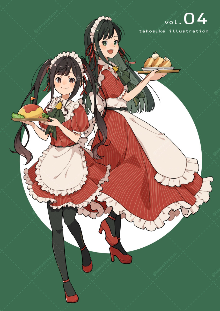 2girls, :d, apron, artist_name, back_bow, belt, black_belt, black_hair