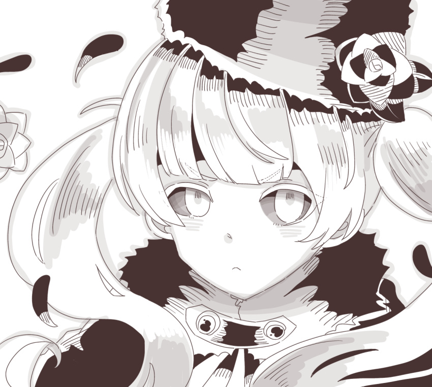 1girl, black_sclera, coat, colored_sclera, flower, fur_trim, grimms_echoes, hat, long_hair, monochrome, rose, solo, source_request, twintails, upper_body, user_sjtw2272, void_gerda_(grimms_echoes), winter_gloves