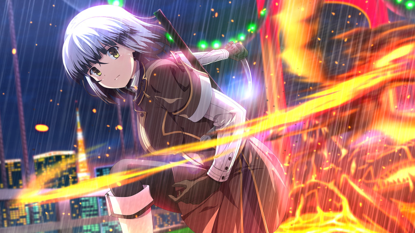 1girl, aratama_(toji_no_miko), black_gloves, black_hair, black_pantyhose, blunt_bangs, blurry, blurry_background