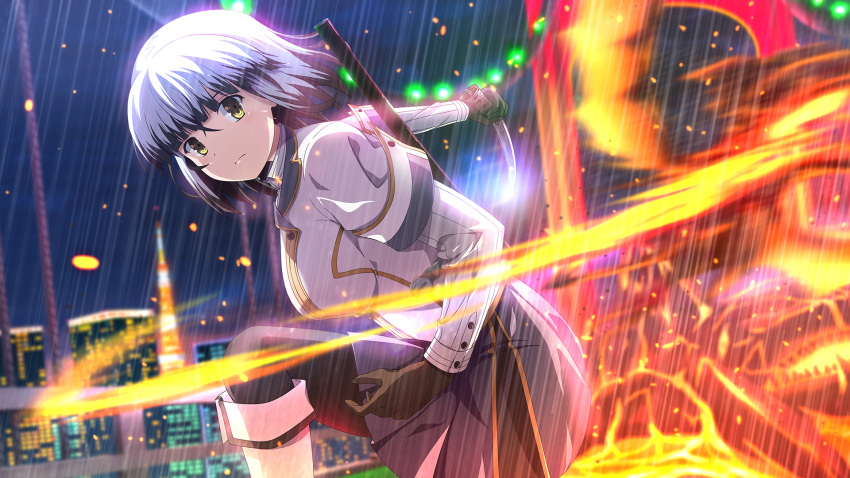 1girl, aratama_(toji_no_miko), black_gloves, black_hair, black_pantyhose, blunt_bangs, blurry, blurry_background