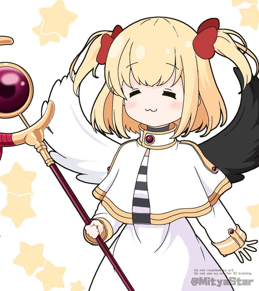 1girl, :3, asymmetrical_wings, black_wings, blonde_hair, blush, bow, capelet