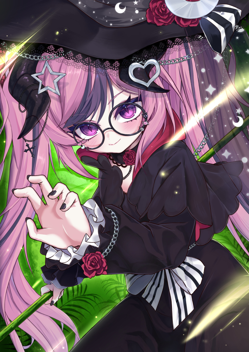 1girl, black-framed_eyewear, black_dress, black_hat, black_nails, demon_girl, demon_horns, dress, garimayo, glasses, hair_ornament, hat, heart, heart_hair_ornament, highres, horns, ironmouse, ironmouse_(witch), looking_at_viewer, multicolored_hair, nail_polish, pink_hair, purple_hair, smile, solo, star_(symbol), star_hair_ornament, streaked_hair, violet_eyes, virtual_youtuber, vshojo, witch_hat, x_hair_ornament