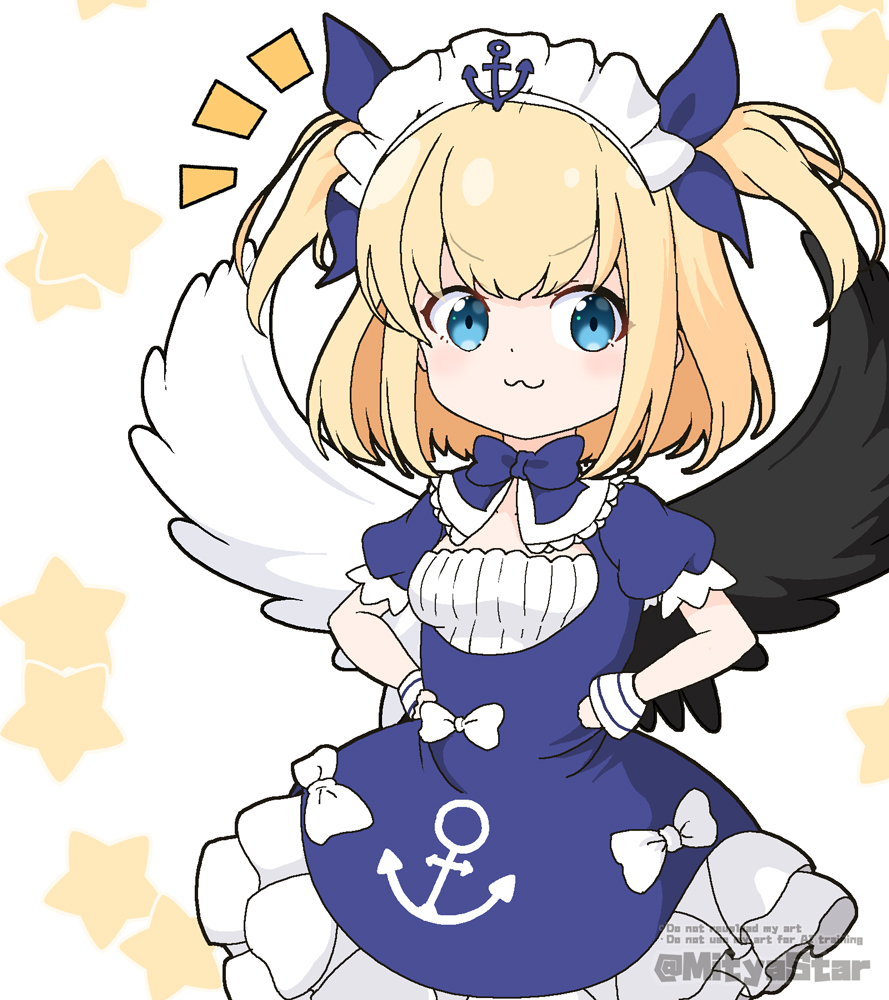 1girl, :3, anchor, anchor_symbol, asymmetrical_wings, black_wings, blonde_hair, blue_dress