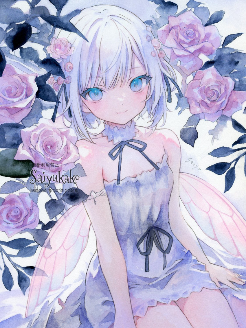 1girl, arm_strap, artist_name, bare_shoulders, black_ribbon, blue_eyes, breasts, choker