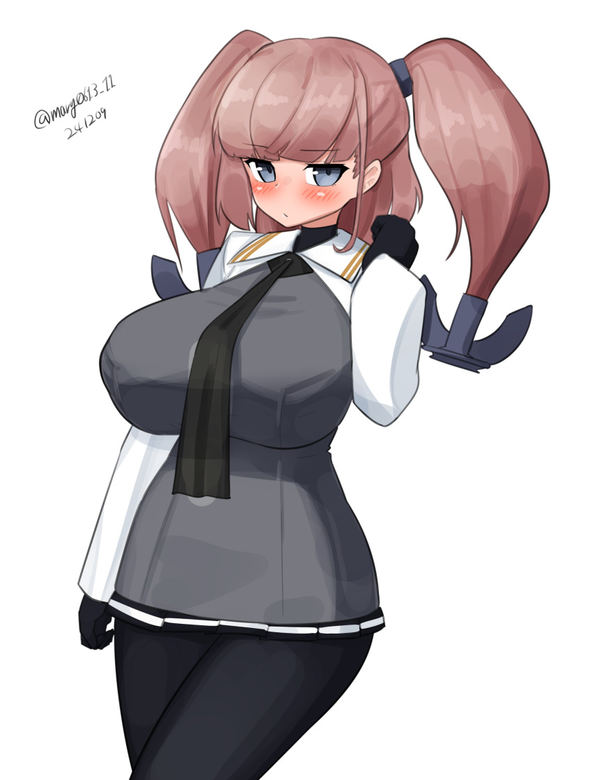 1girl, absurdres, anchor_hair_ornament, atlanta_(kancolle), black_gloves, black_neckerchief, black_pantyhose, breasts, brown_hair, cosplay, cowboy_shot, dated, dress, gloves, grey_dress, grey_eyes, hair_ornament, hatsuzuki_(kancolle), hatsuzuki_(kancolle)_(cosplay), hatsuzuki_kai_ni_(kancolle), highres, kantai_collection, large_breasts, long_hair, maru_(marg0613), neckerchief, one-hour_drawing_challenge, pantyhose, shrug_(clothing), simple_background, solo, standing, twitter_username, two_side_up, white_background, white_shrug