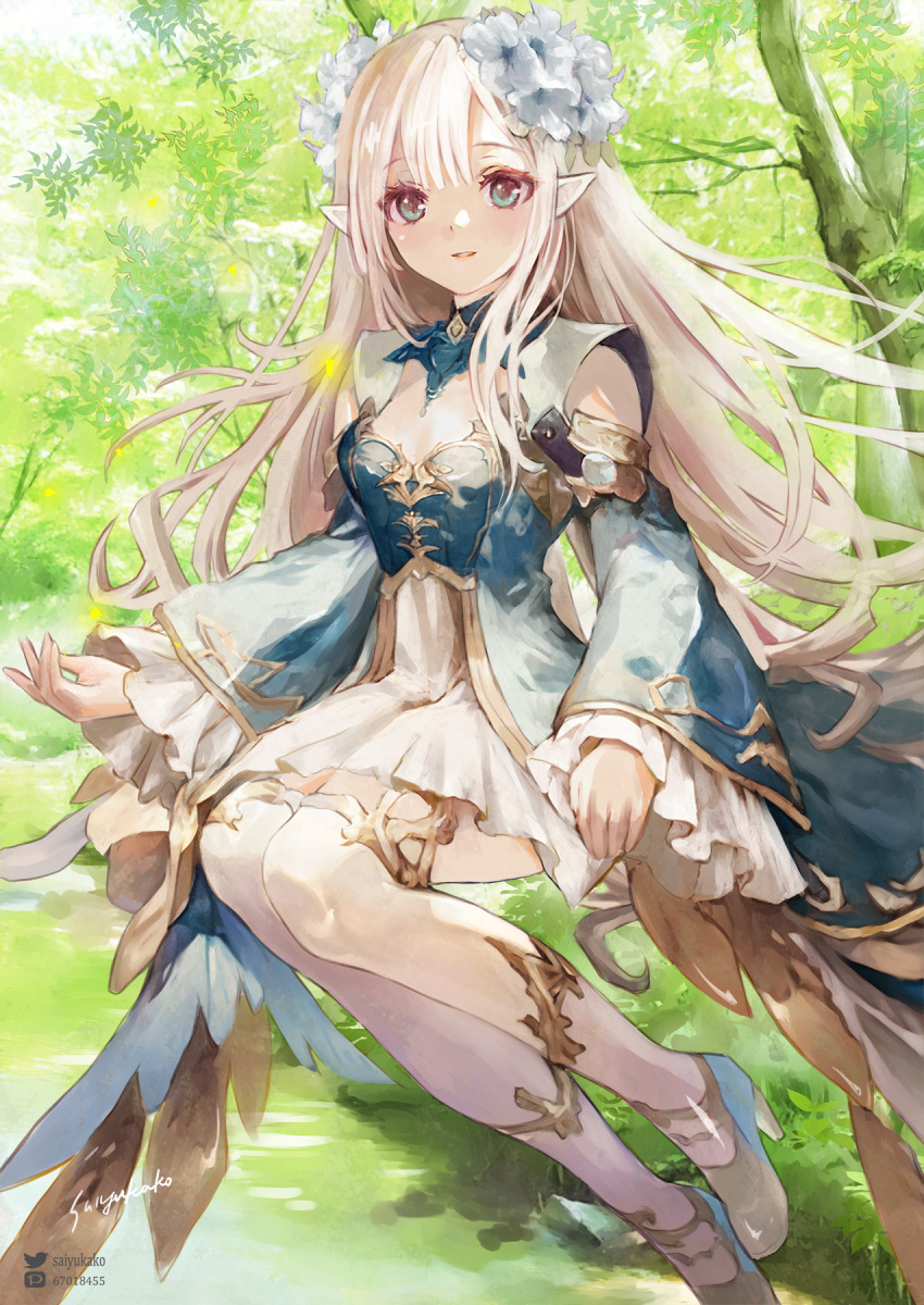 1girl, artist_name, blonde_hair, blue_dress, breasts, commentary_request, detached_sleeves, dress