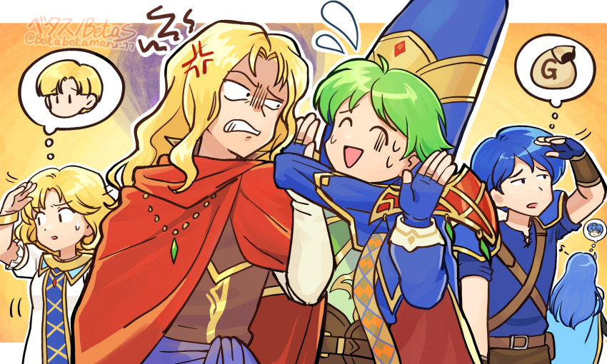 2girls, 3boys, anger_vein, arlen_(fire_emblem), artist_name, betabetamaru, blonde_hair, blue_hair, caeda_(fire_emblem), caeda_(marth's_faithful)_(fire_emblem), cape, castor_(fire_emblem), commentary_request, fingerless_gloves, fire_emblem, fire_emblem:_mystery_of_the_emblem, fire_emblem_heroes, gloves, green_hair, highres, jubelo_(fire_emblem), long_hair, merric_(fire_emblem), merric_(wind_pontifex)_(fire_emblem), multiple_boys, multiple_girls, official_alternate_costume, short_hair, speech_bubble, thought_bubble, twitter_username, yuliya_(fire_emblem)