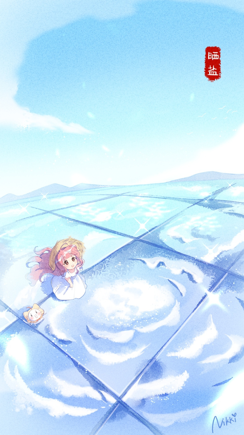 1girl, animal, artist_request, bare_arms, black_eyes, blue_sky, blunt_bangs, bow