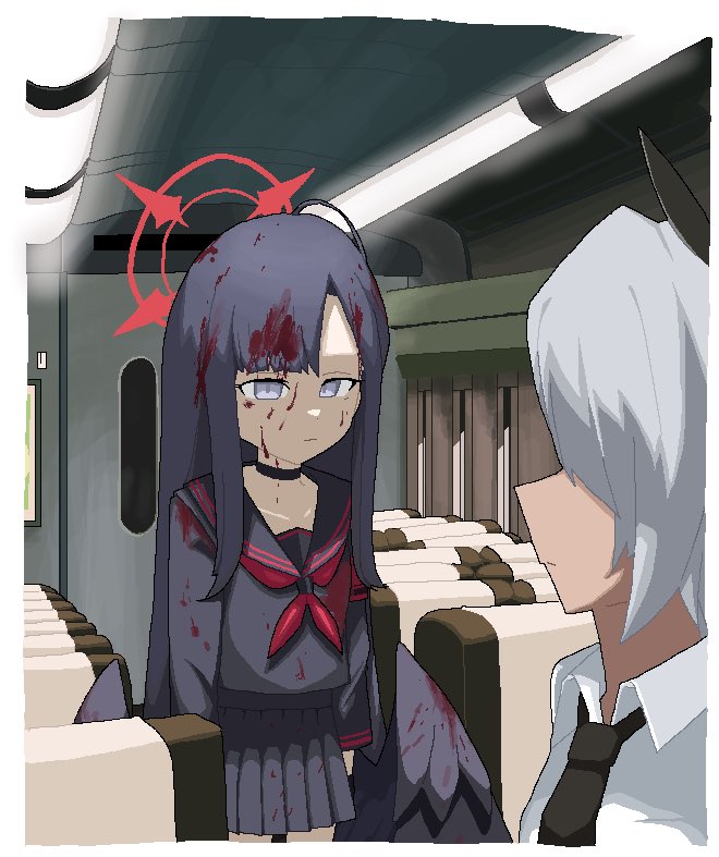 2girls, black_choker, black_hair, black_necktie, black_shirt, black_skirt, black_wings, blood