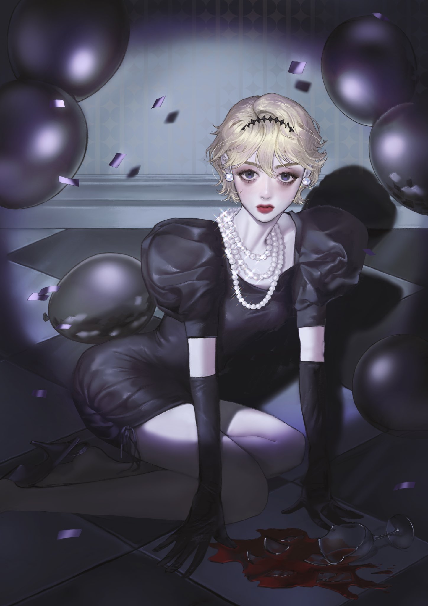 1girl, 88ssgass88, balloon, black_dress, black_gloves, black_hair, blonde_hair, broken_glass