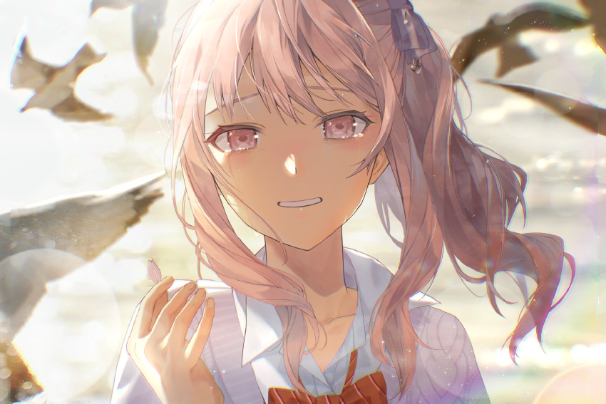 1other, akiyama_mizuki, androgynous, bird, bow, cardigan, close-up, collared_shirt, colored_eyelashes, commentary_request, crying, crying_with_eyes_open, diagonal-striped_bow, heart, heart_print, highres, kamiyama_high_school_uniform_(project_sekai), lens_flare, light_particles, long_sidelocks, looking_at_viewer, pink_eyes, pink_hair, portrait, project_sekai, purple_cardigan, red_bow, school_uniform, seagull, shirt, shirushi_06, side_ponytail, sidelocks, smile, swept_bangs, tears, white_shirt