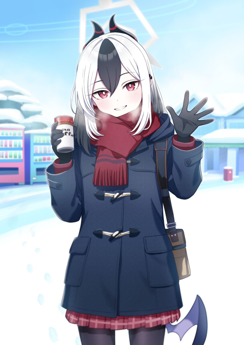 1girl, alternate_costume, blue_archive, coat, coffee, demon_girl, demon_horns, demon_wings