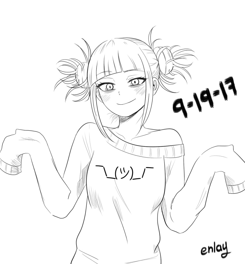 1girl, artist_name, blunt_bangs, blush, boku_no_hero_academia, closed_mouth, collarbone, commentary, dated, double_bun, emoji_print, english_commentary, enlay, greyscale, hair_bun, hands_up, highres, long_sleeves, looking_at_viewer, messy_hair, monochrome, short_hair, shrugging, simple_background, single_off_shoulder, sleeves_past_fingers, sleeves_past_wrists, smile, solo, sweater, third-party_source, toga_himiko, upper_body, white_background