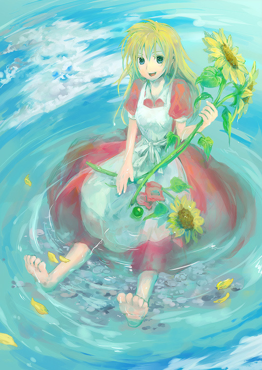 apron, aqua_background, bad_feet, barefoot, blonde_hair, dress, flower, green_eyes