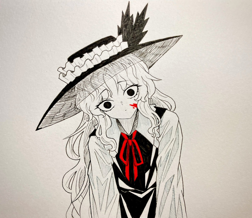 1girl, agaribito_snail, blood, blood_on_face, commentary_request, dolls_in_pseudo_paradise, empty_eyes, fedora