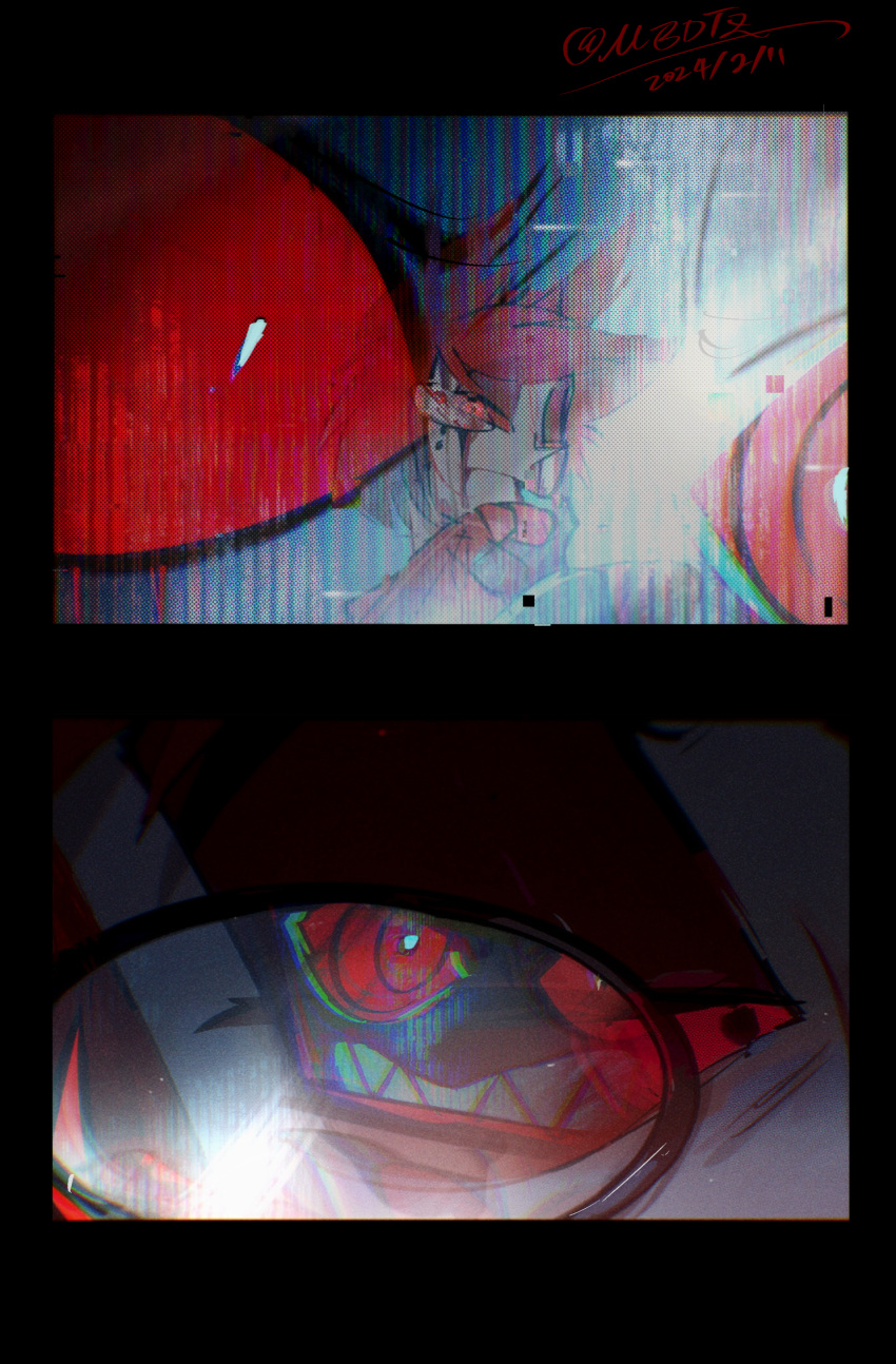 2boys, alastor_(hazbin_hotel), artist_name, black-framed_eyewear, black_border, blood, blood_from_eyes, border, bow, bowtie, bright_pupils, clenched_teeth, cloak, close-up, colored_sclera, colored_skin, dated, eyelashes, glasses, green_skin, hair_ears, half-closed_eyes, hazbin_hotel, highres, knock_the_future!!_(project_sekai), mbdtz, multiple_boys, multiple_views, pink_hair, red_bow, red_bowtie, red_cloak, red_sclera, reflection, sharp_teeth, short_hair, teeth, vox_(hazbin_hotel), white_pupils, wide-eyed