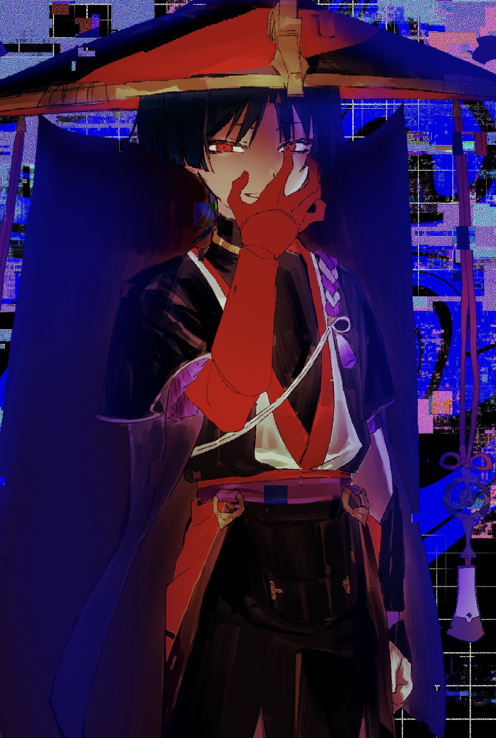 1boy, alternate_eye_color, arm_at_side, armor, black_bodysuit, black_hair, black_kimono, black_shorts