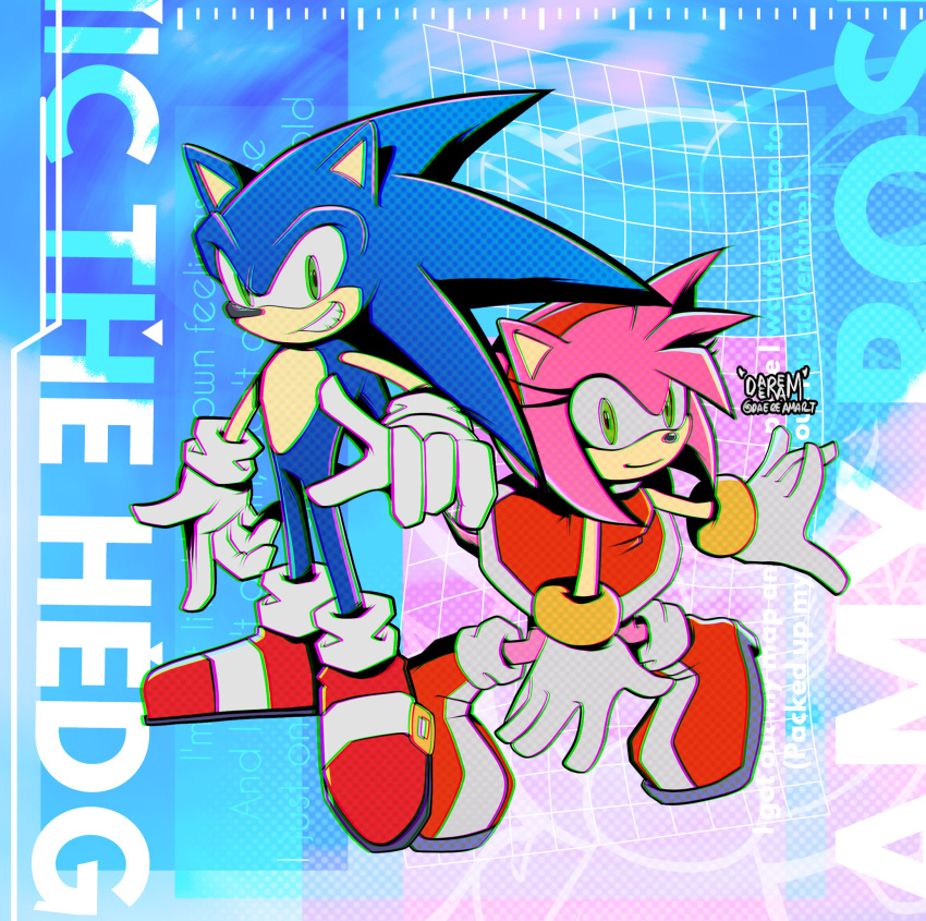 1boy, 1girl, amy_rose, character_name, daeream, derivative_work, dress, full_body