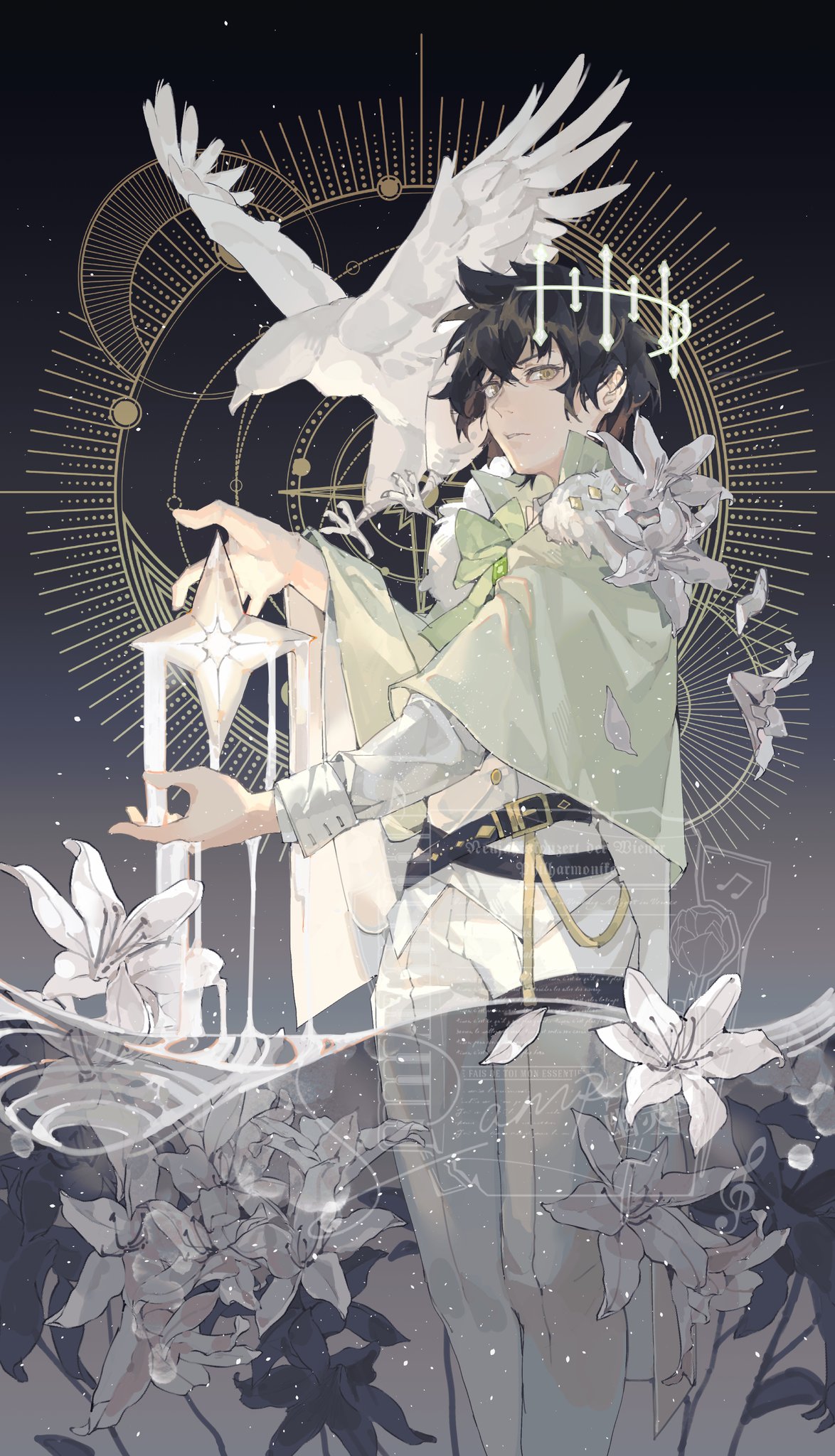 1boy, aristocratic_clothes, belt, bird, black_belt, black_clover, black_hair, capelet, crown, feet_out_of_frame, floating_crown, flower, full_body, green_capelet, half_crown, hands_up, highres, lily_(flower), long_sleeves, looking_at_viewer, male_focus, multiple_belts, pants, parted_lips, sand, sand_sculpture, shirt, short_hair, solo, star_(symbol), wading, water, white_flower, white_pants, white_shirt, xingji20108, yellow_eyes, yuno_(black_clover)
