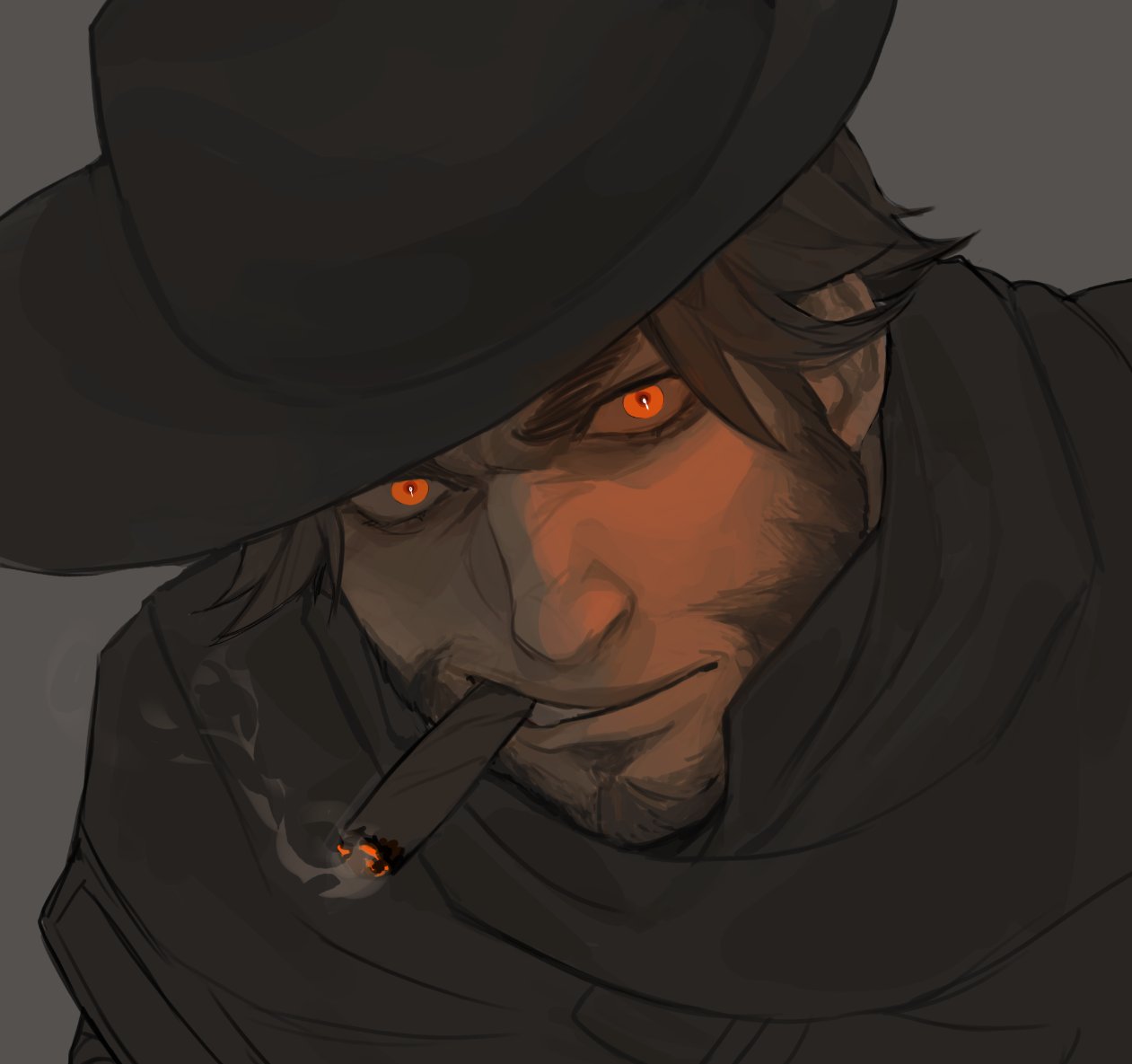 1boy, beard, black_hat, black_shawl, blackwatch_cassidy, brown_hair, cassidy_(overwatch), cassidy_tur