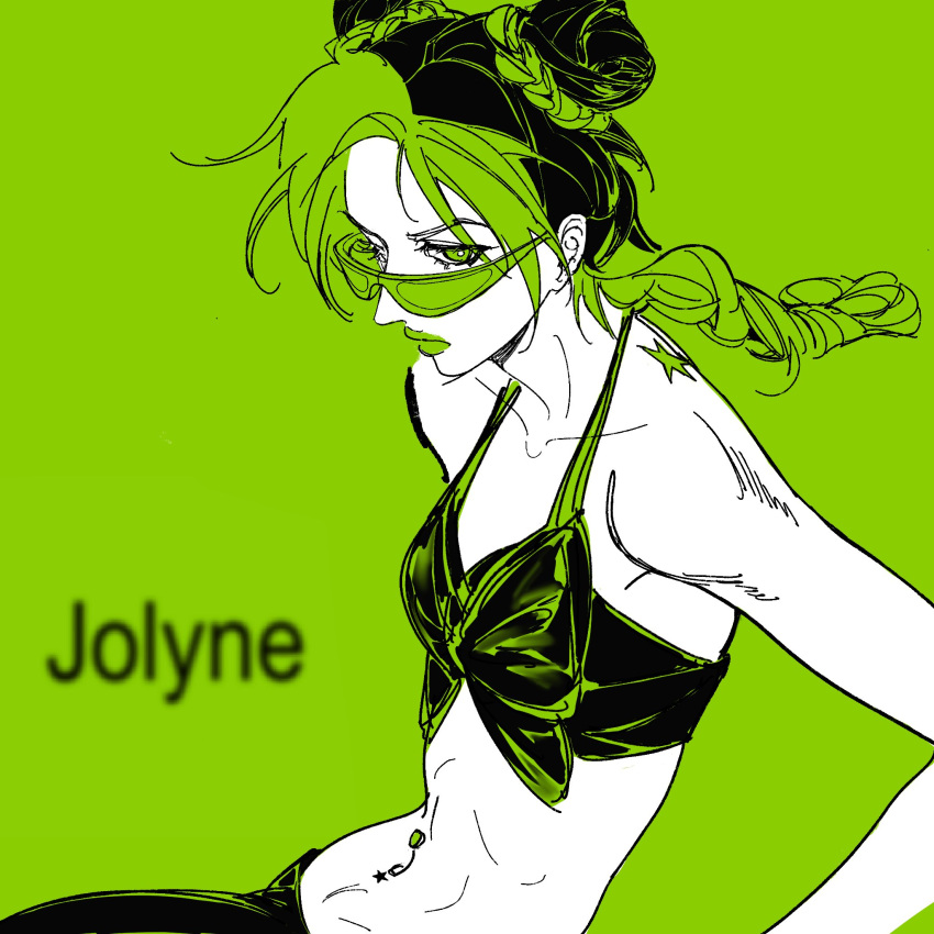 1girl, birthmark, black_hair, black_pants, braid, brat_(charli_xcx), bug, butterfly, character_name, deep53river, double_bun, glasses, green_eyes, green_hair, green_lips, hair_bun, highres, joestar_birthmark, jojo_no_kimyou_na_bouken, kujo_jolyne, lipstick, makeup, monochrome, multicolored_hair, navel_piercing, pants, piercing, solo, star_(symbol), stone_ocean, two-tone_hair