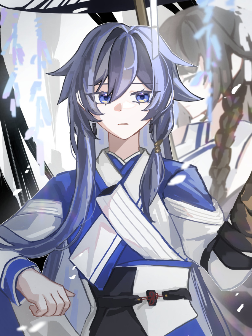 2girls, blue_eyes, braid, brown_hair, chinese_clothes, closed_eyes, commentary_request, fu_hua, fu_hua_(azure_empyrea), fu_hua_(taixuan_impression), grey_hair, hair_between_eyes, hanfu, highres, honkai_(series), honkai_impact_3rd, korean_commentary, lin_zhaoyu, long_hair, looking_to_the_side, mmaayyooccaatt, multiple_girls, parted_lips, side_braid, solo_focus, very_long_hair, white_hanfu