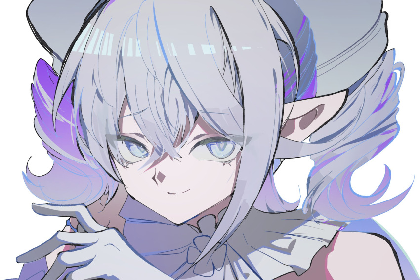 1girl, bare_shoulders, close-up, demon_girl, demon_horns, duel_monster, gloves, grey_eyes, grey_hair, highres, horns, jeonbyeong29172, looking_at_viewer, lovely_labrynth_of_the_silver_castle, pointy_ears, simple_background, smile, solo, white_background, white_gloves, yu-gi-oh!