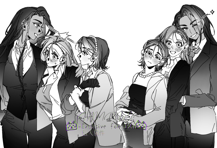 3girls, alien_stage, blush, braid, chinese_commentary, collared_shirt, commentary_request, commission