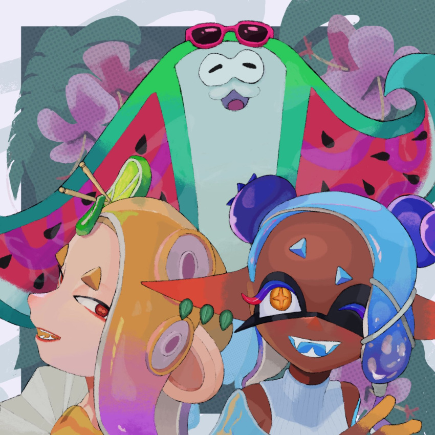1boy, 2girls, :d, ;d, big_man_(splatoon), blonde_hair, blue_hair, blue_tongue
