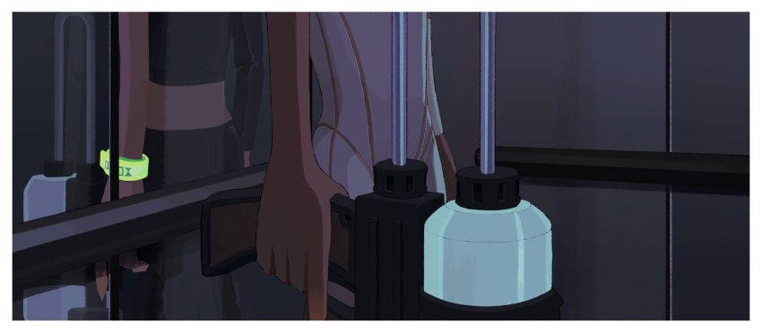 1girl, agent_8_(splatoon), bodysuit, border, dark-skinned_female, dark_skin, different_reflection, elevator