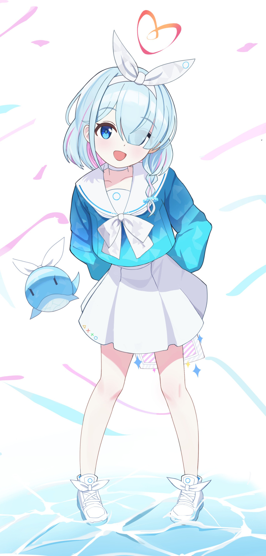1girl, absurdres, arms_behind_back, arona_(blue_archive), blue_archive, blue_eyes, blue_hair, blue_shirt