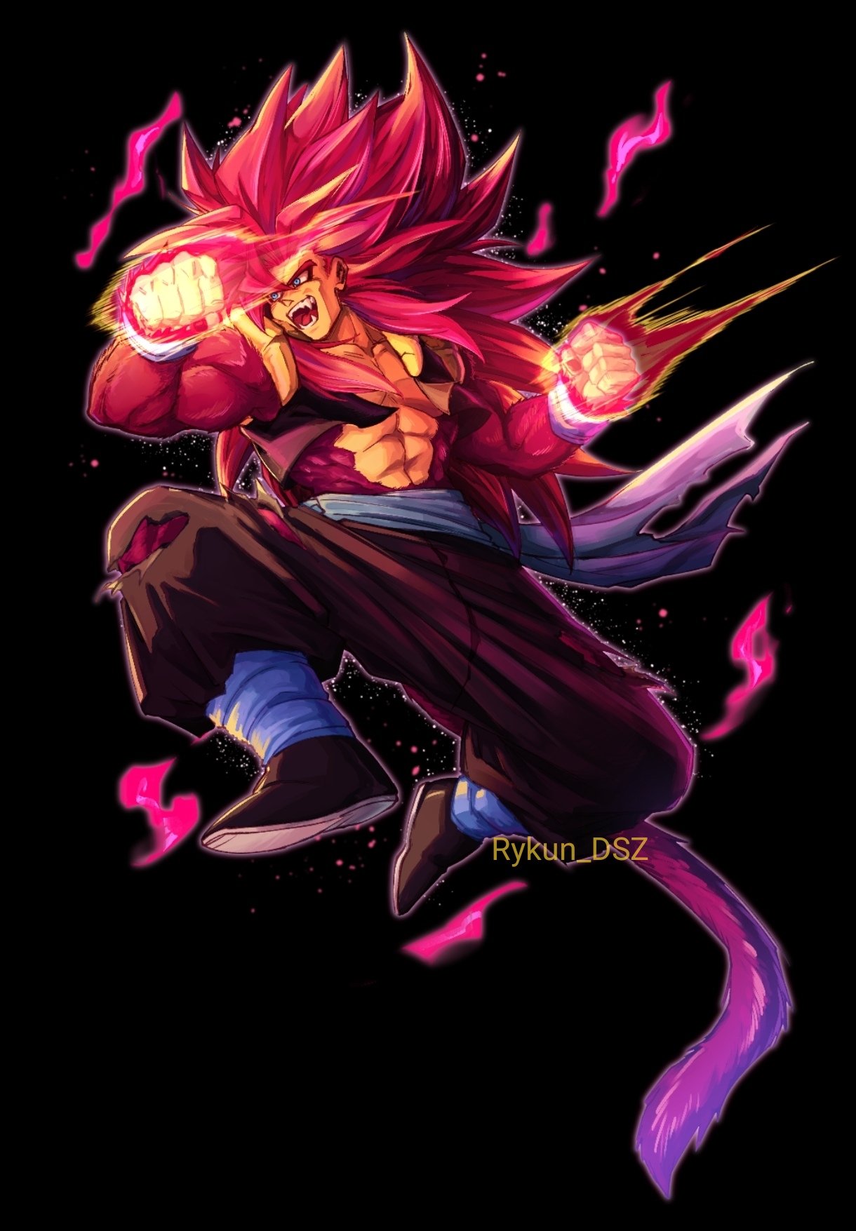 blue_eyes, blue_sash, dragon_ball, dragon_ball_heroes, fangs, gogeta, gogeta_(xeno), highres