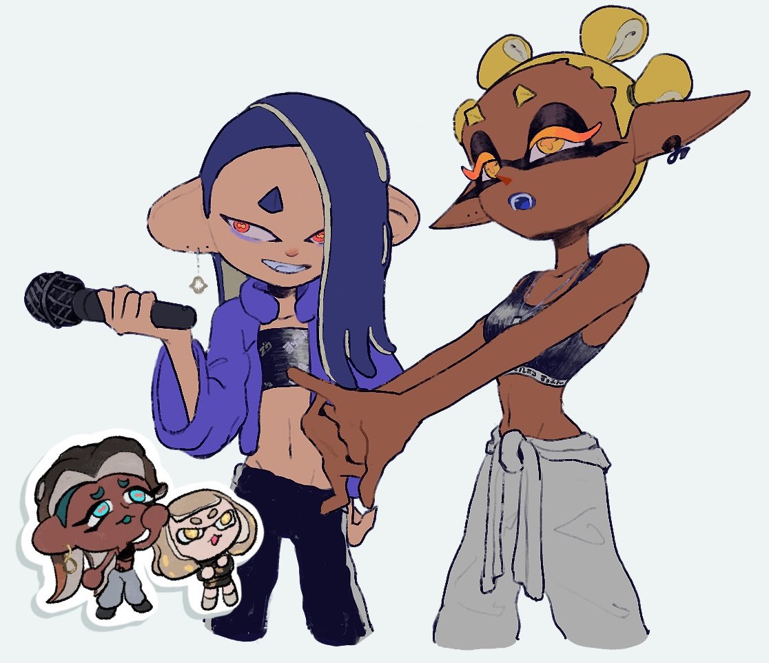4girls, black_sports_bra, blonde_hair, blue_eyeliner, blue_hair, blue_jacket, blue_tongue, breasts