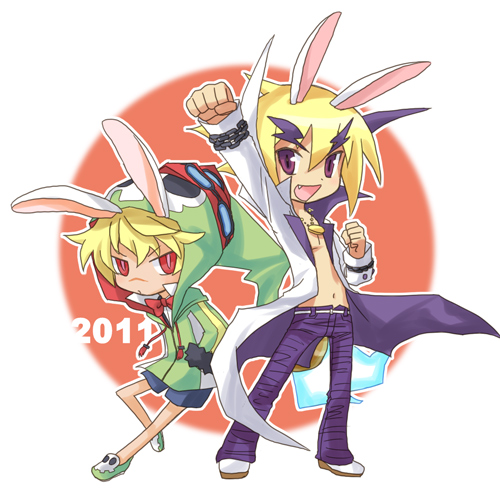 axel_(disgaea), blonde_hair, disgaea, emizel, jacket, karina, lowres, makai_senki_disgaea, makai_senki_disgaea_4, male, multiple_boys, nippon_ichi, open_clothes, open_jacket, purple_eyes, red_eyes, short_hair, shorts, violet_eyes