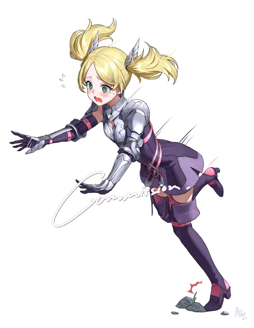 1girl, @_@, armor, blonde_hair, boobplate, commission, cosplay, dhokidoki