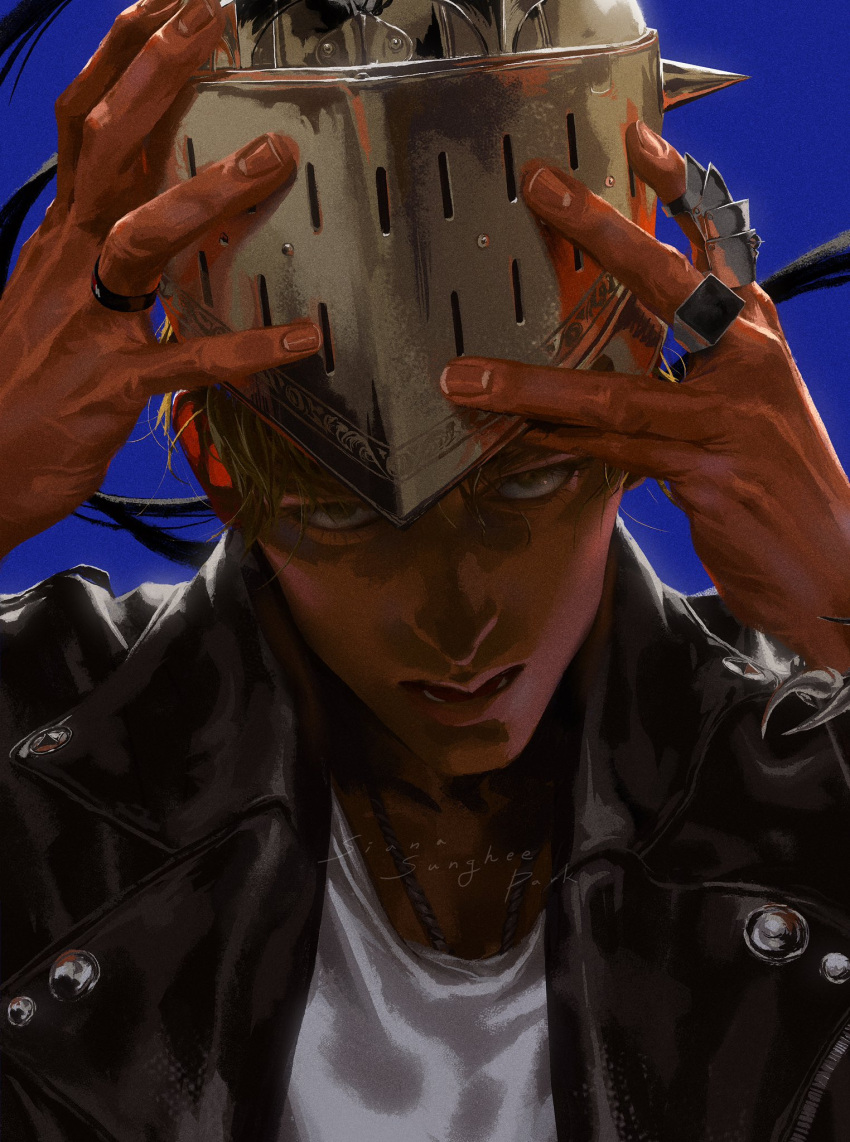 1boy, armor, arms_up, artist_name, black_jacket, bracelet, brown_hair, claw_ring