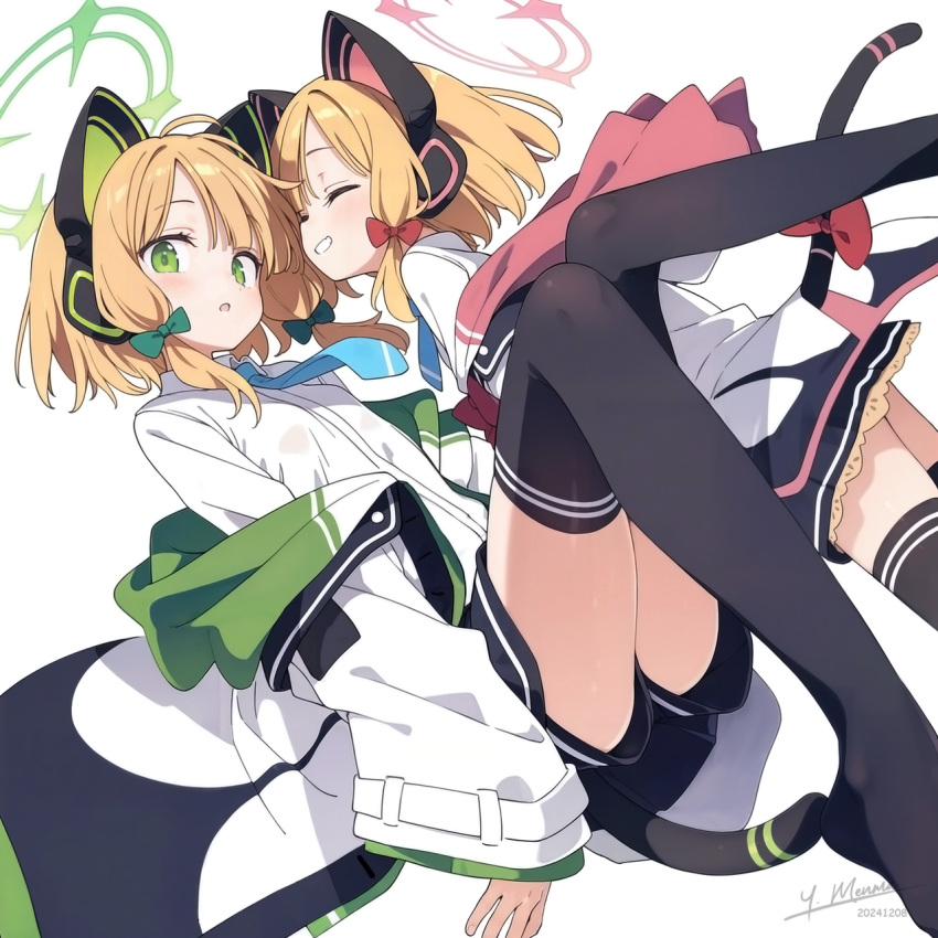 2girls, ai-generated, animal_ear_headphones, animal_ears, blonde_hair, blue_archive, blue_necktie, blush