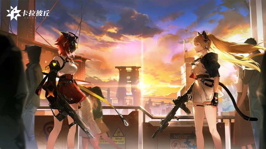 2girls, aika_(strinova), animal_ear_headphones, animal_ears, assault_rifle, axent_wear, backlighting, blonde_hair