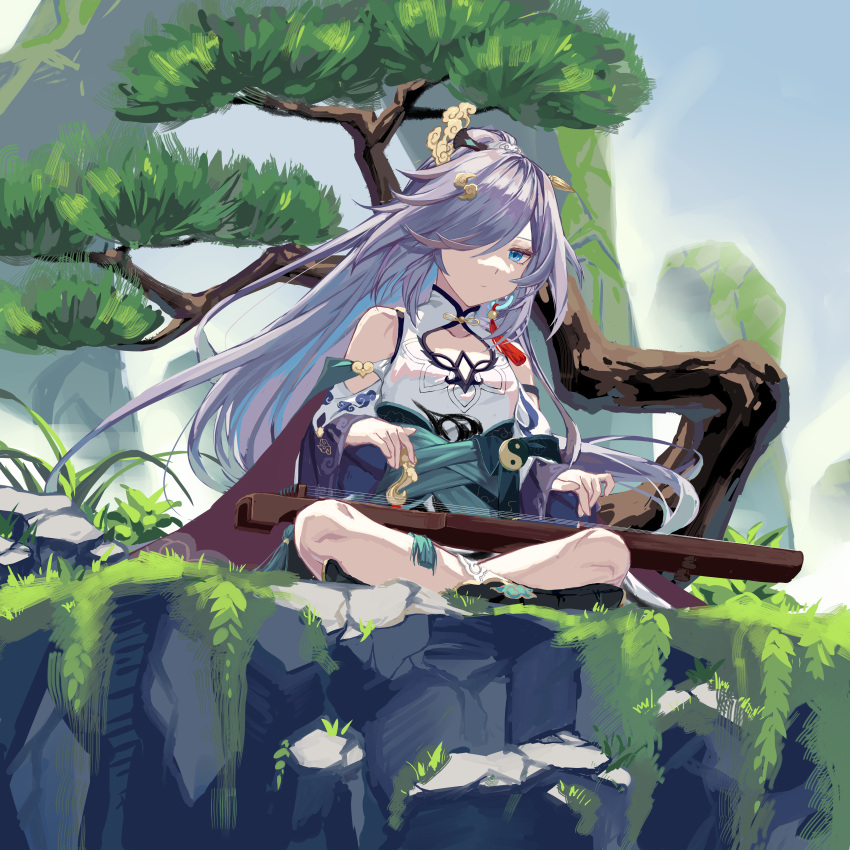 1girl, absurdres, blue_eyes, blue_sky, china_dress, chinese_clothes, chinese_commentary, cliff