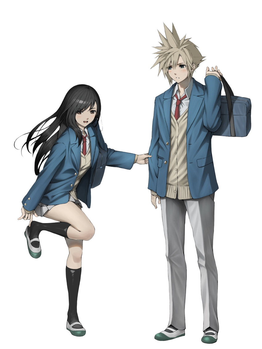 1boy, 1girl, adjusting_footwear, bag, black_hair, black_socks, blonde_hair, blue_eyes