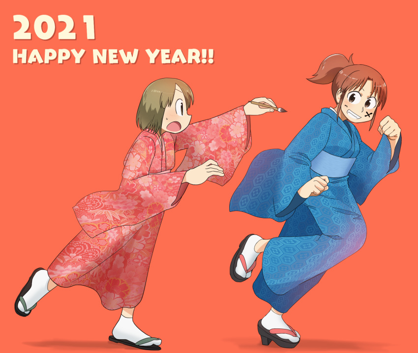 2021, 2girls, ayumu_niikura, blonde_hair, blue_kimono, brown_eyes, brown_hair, city_(arawi_keiichi)